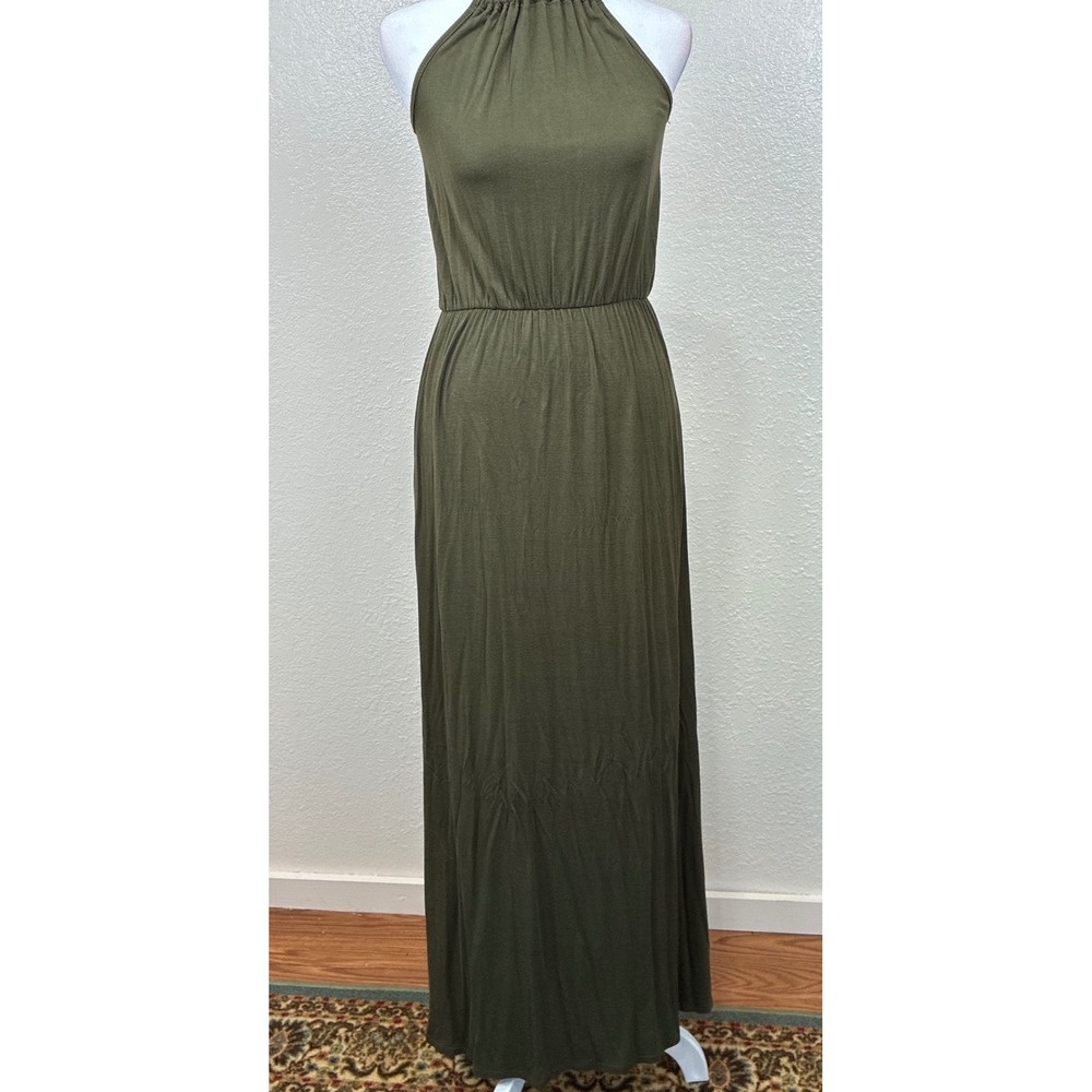 Rafi & Ro Womens Olive Green Halter Neck Elastic Waist Maxi Dress Size S/M